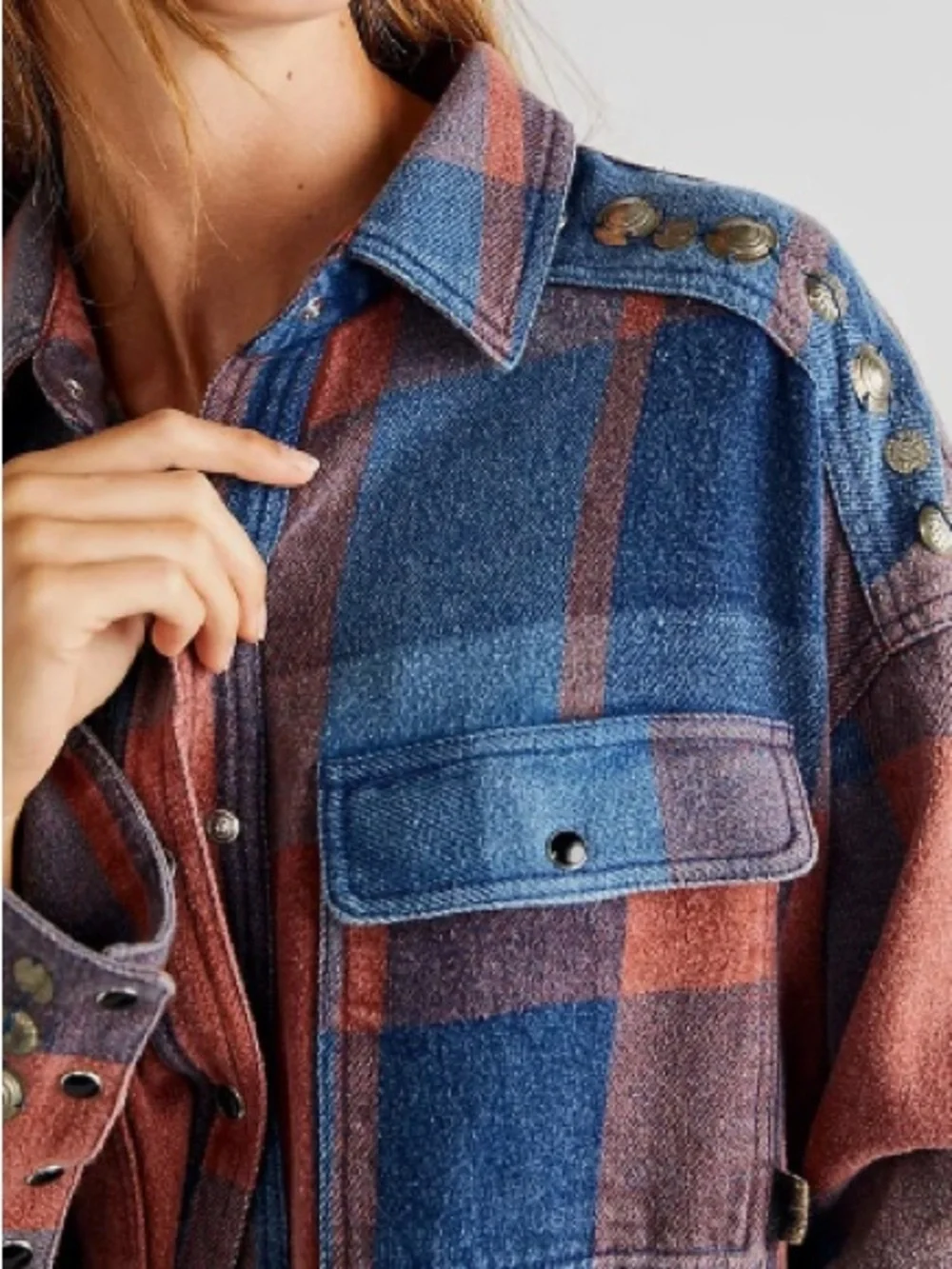 FREE PEOPLE Austin Plaid Studded Shacket Plaid Jacket Small - Picture 2 of 8